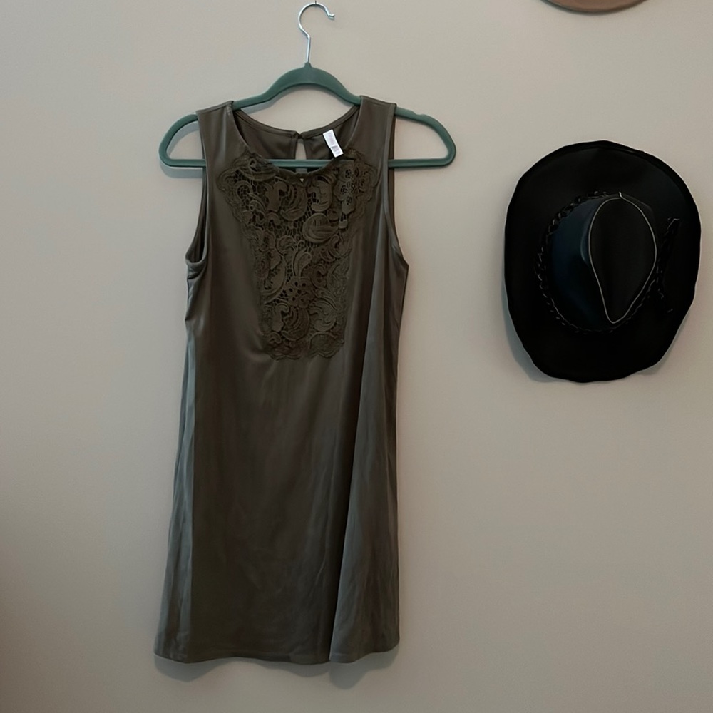 Olive Green suede and lace wide strap knee length dress
